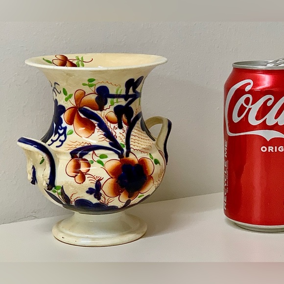 c. 1830 Vtg Gaudy Welsh Pansy Pattern Hand Painted Snake Head Handled Vase - Picture 7 of 16